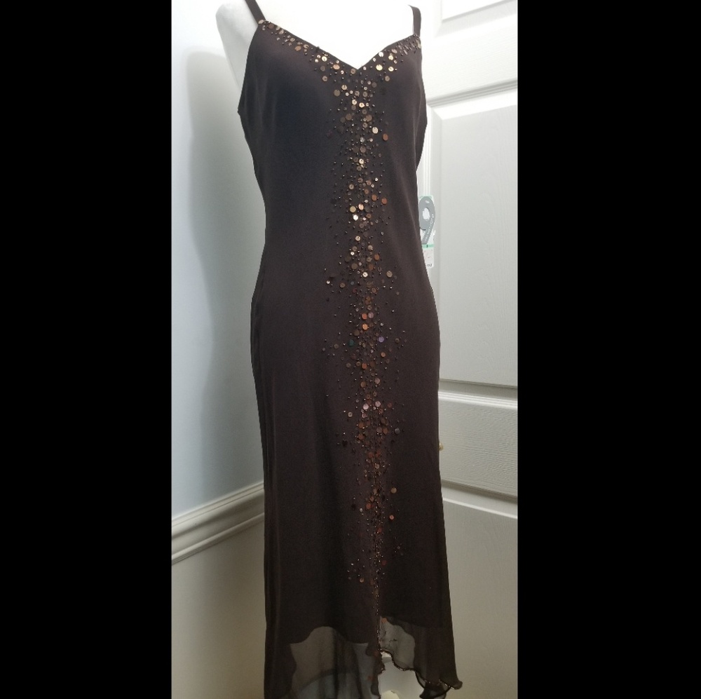 100% Silk 9West Dress, choco brown, copper sparkle
